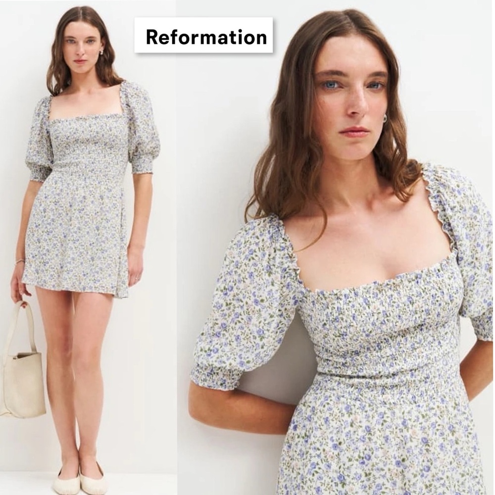 Reformation Elle Dress Pixie 8 White Purple Floral Mini Short Puff Sleeve Boho - Picture 2 of 16